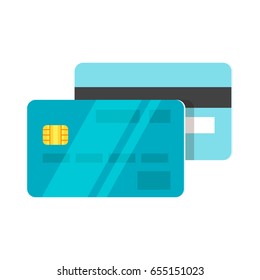 Vector flat style illustration of credit card. Back and front view. Isolated on white background. Icon for web.