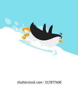 Vektorillustration flache Illustration von süßem Pinguin, der auf dem Gletscher rutscht. 