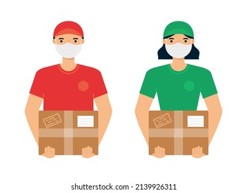 Vector Flat Style Illustration - Delivery Worker Wearing Face Mask, Holding A Box, Isolated On White Background