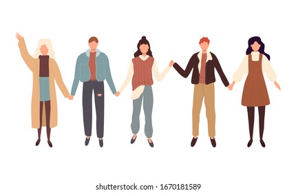 Vector flat style illustration of different people standing in a row, holding hands of each other and smiling. Concept for multicultural and multiracial friendship.