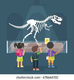 Vector flat style illustration of dinosaur skeleton in museum. Prehistoric predator - Tyrannosaurus Rex. Children are watching on ancient animal.