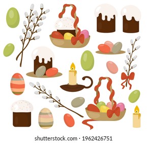 Vector. Flat style illustration. Easter set of items: Easter cakes, pussy willow twigs, Easter eggs, basket with eggs, basket with eggs and Easter cake, candlestick and candles.