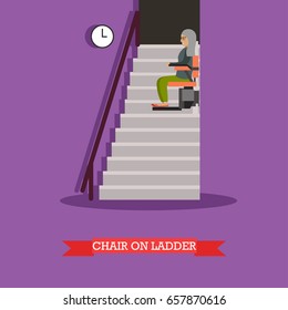 Vector, Flat Style Illustration Of Elderly Woman Using Chair Lift For Stairs. Mechanical Chair Lift Taking Disabled Or Aged People Up And Down Stairs