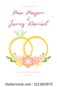 Vector flat style illustration of engagement rings with flower decorations. Marriage day. Save the date invitation template. 