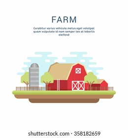 Vector Flat Style Illustration of Farm Landscape with Farmhouses and Fields on Light Background