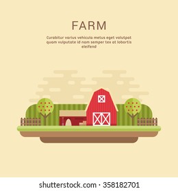 Vector Flat Style Illustration of Farm Landscape with Farmhouses and Fields