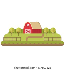 Vector Flat Style Illustration of Farm Landscape with Farmhouses and Fields on Light Background