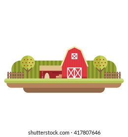 Vector Flat Style Illustration of Farm Landscape with Farmhouses and Fields on Light Background