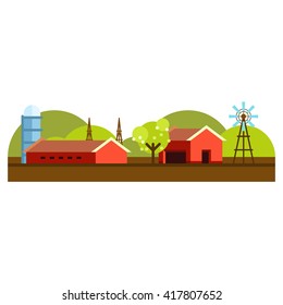 Vector Flat Style Illustration of Farm Landscape with Farmhouses and Fields on Light Background