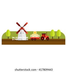 Vector Flat Style Illustration of Farm Landscape with Farmhouses and Fields on Light Background
