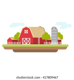 Vector Flat Style Illustration of Farm Landscape with Farmhouses and Fields on Light Background