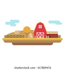 Vector Flat Style Illustration of Farm Landscape with Farmhouses and Fields on Light Background