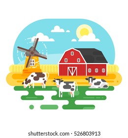 Vector flat style illustration of farm with cows. Isolated on white background.