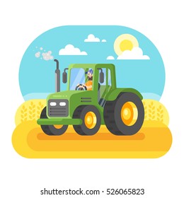 Vector flat style illustration of farmer working in farmed land on tractor.