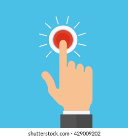 Vector flat style illustration. Finger clicks red button on blue background.