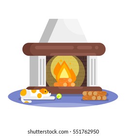 Vector flat style illustration of fireplace. Icon for web. Isolated on white background.