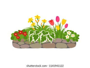 Vector Flat Style Illustration Of A Flower Bed With Colored Flowers Isolated On White Background. Landscape Design Element. Landscaping And Gardening Color Icon.