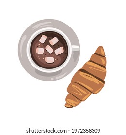 Vector flat style illustration. French breakfast, croissant with coffee. Delicious snack. 