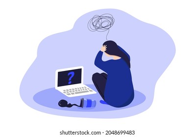 vector flat style illustration. a girl sitting, clasping her head with her hands, next to her laptop and spilled coffee. a picture on the theme of negative emotions, , burnout, despair. 