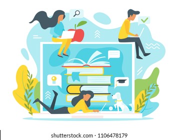 Vector flat style illustration of a group of people studying online in front of a huge laptop. Minimalism design with exaggerated objects. Elearning concept.