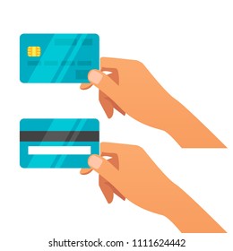 Vector flat style illustration of hand holding credit card. Back and front view. Isolated on white background. Icon for web.