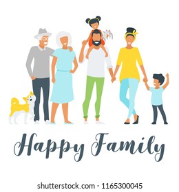 Vector flat style illustration of happy family: mother, father, kids and happy elderly old grandparents. Minimalism design with people silhouettes.