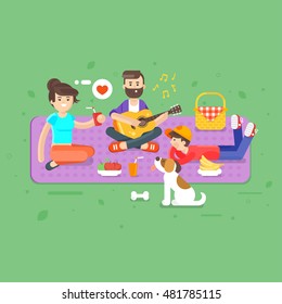 Vector flat style illustration of happy family picnic in the park with guitar and dog. Summer romantic vacation. Dad, mom and son. 