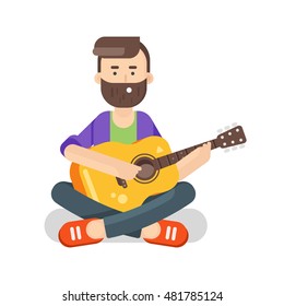 Vector flat style illustration of happy man with guitar. Summer romantic vacation. Isolated on white background. 