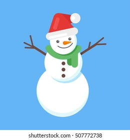 Vector flat style illustration of happy cute snowman in Santa hat and green scarf. Isolated on blue background.