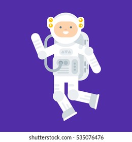 Vector flat style illustration of happy astronaut in space suit. Isolated on purple background.