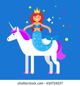 Vector flat style illustration of happy cute mermaid on unicorn. Icon for web. Isolated on white background.