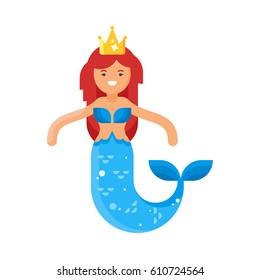 Vector flat style illustration of happy cute mermaid. Icon for web. Isolated on white background.