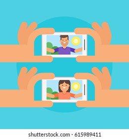 Vector flat style illustration of happy man and woman taking selfie. 