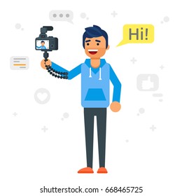 Vector flat style illustration of happy blogger man. Handsome man records video blog. Vlog concept.