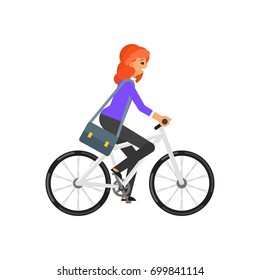 Vector flat style illustration of happy businesswoman hurrying to the job on the bicycle. Isolated on white background.