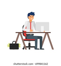 Vector flat style illustration of happy working businessman at his workplace. Isolated on white background.