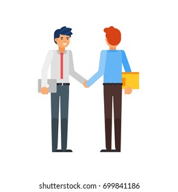 Vector flat style illustration of happy businessman characters. Business partners shaking hands. Isolated on white background.