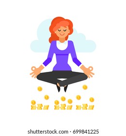 Vector flat style illustration of happy businesswoman in yoga pose soaring above the golden coins. Isolated on white background.