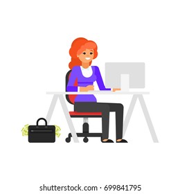 Vector flat style illustration of happy working businesswoman at her workplace. Isolated on white background.