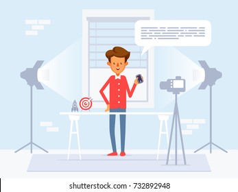 Vector flat style illustration of happy blogger man that records video blog. Vlog concept.