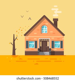 Vector flat style illustration of house in autumn. Icon for web. 