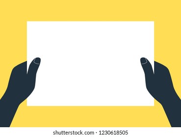 Vector flat style illustration of human hands holding blank paper - mockup element for your brand identity text