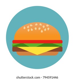 Vector flat style illustration. Icon of burger. Fast food flat cartoon isolated illustration. Humburger with cheese, tomato and salad lettuce.
