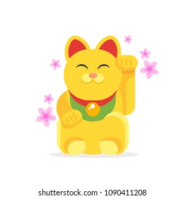 Vector flat style illustration of Japanese Lucky Cat Maneki Neko. Icon for web. Isolated on white background with pink flowers.