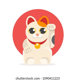 Vector flat style illustration of Japanese Lucky Cat Maneki Neko. Icon for web. Isolated on white background with red circle.