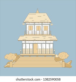 Vector flat style illustration of Japanese traditional building. Icon for web. Chinese and Japanese architecture temple, cathedral object isolated on white background