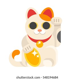 Vector flat style illustration of Japanese Lucky Cat Maneki Neko. Icon for web. Isolated on white background.