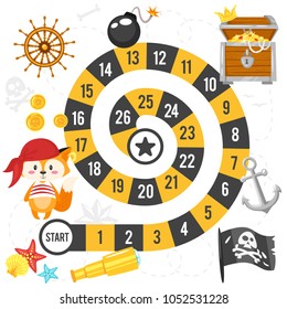Vector flat style illustration of kids pirate board game template. For print. Square composition. White background.