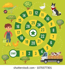 Vector flat style illustration of kids farm board game template. For print. Square composition.
