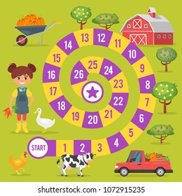 Vector flat style illustration of kids farm board game template. For print. Square composition.
